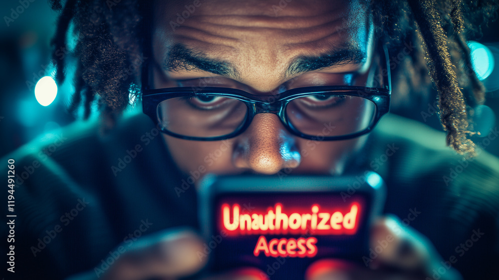 Poster unauthorized access: a man with dreadlocks stares intently at his smartphone screen, displaying a st