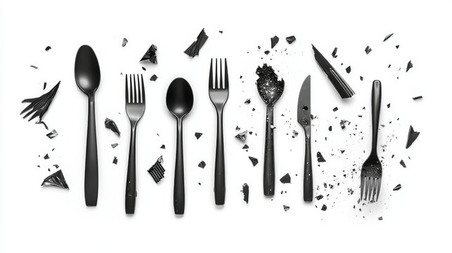 New and broken plastic cutlery isolated on white background. Vector realistic set of cracked white flatware, disposable plastic fork, spoon and knife. Shattered tableware