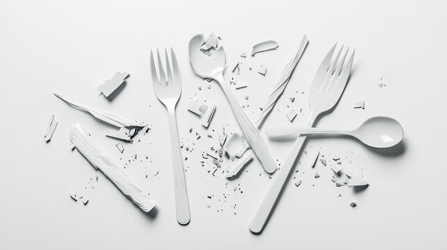 New and broken plastic cutlery isolated on white background. Vector realistic set of cracked white flatware, disposable plastic fork, spoon and knife. Shattered tableware