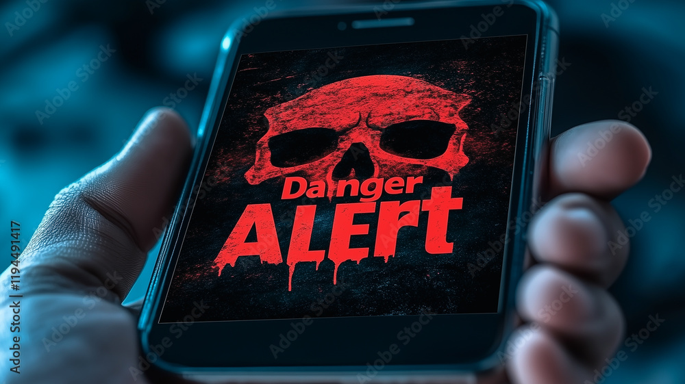Poster cybersecurity warning: a hand holds a smartphone displaying a chilling warning of danger, with a red