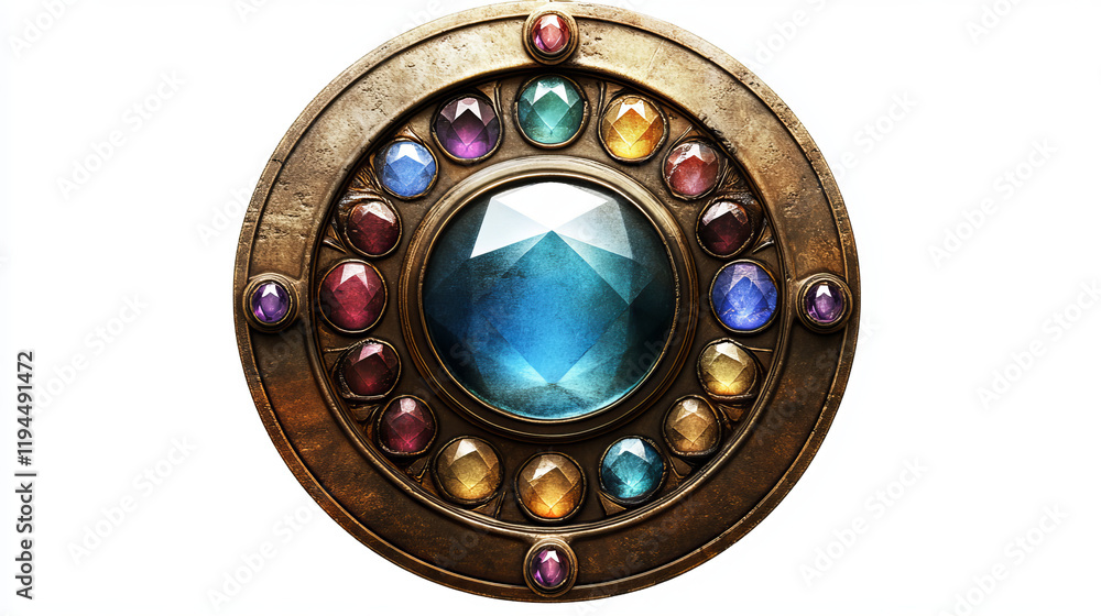 Poster medieval bronze game button. isolated fantasy interface title. metal border with gem vector design. 