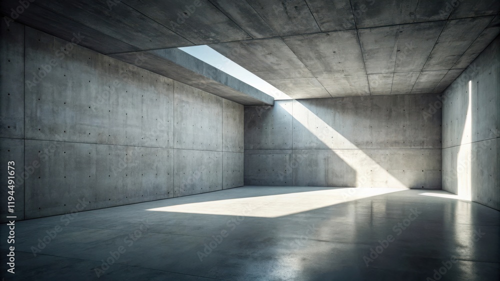 Aufkleber Sunlight streams through a rectangular opening in the ceiling of a spacious concrete room, casting sharp shadows on the smooth floor.