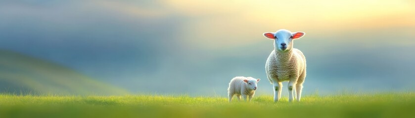 Obraz premium A mother sheep and her lamb, peaceful grazing scene in green meadow