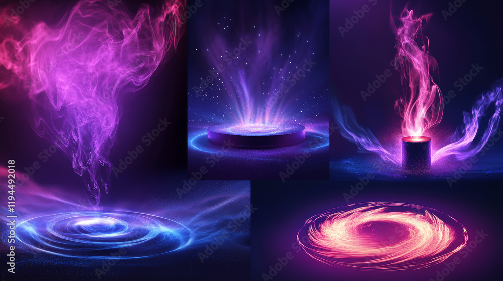 Poster sequence of white smoke rings from small point into expanding circular formations. realistic 3d vect
