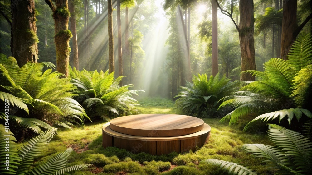 Poster a circular wooden platform nestled amidst lush ferns and sunbeams filtering through a dense forest c