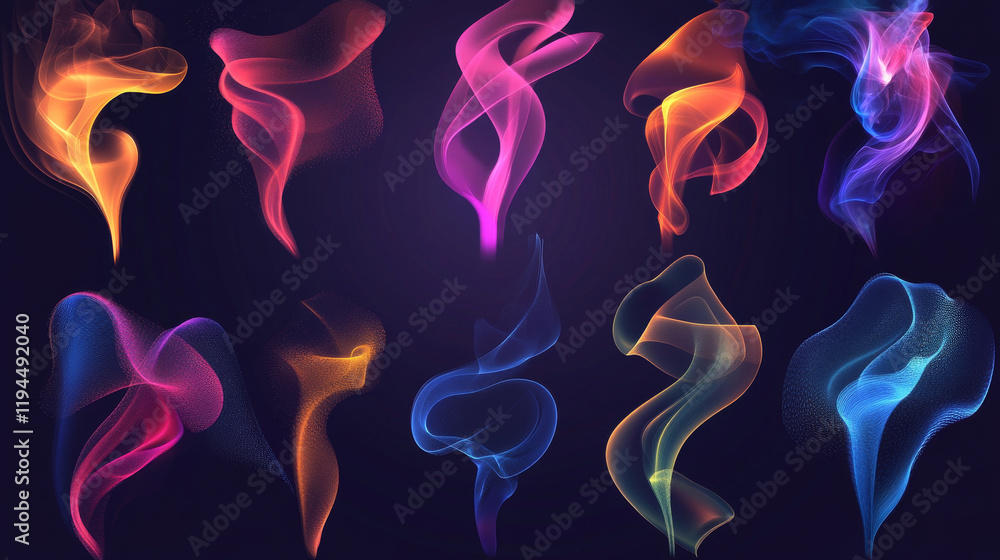 Poster sequence of white smoke rings from small point into expanding circular formations. realistic 3d vect