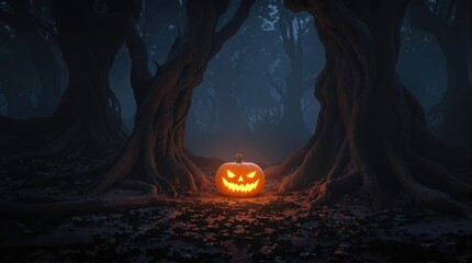 A glowing pumpkin placed on the ground in a misty mystic forest at night surrounded by tall trees and twisted roots, night scene, nature, trees