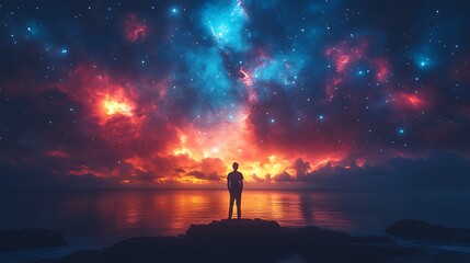 Fototapeta premium Man contemplates cosmic nebula, ocean sunset