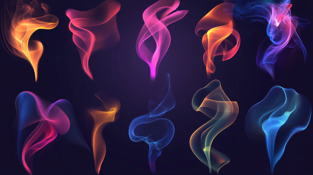Sequence of white smoke rings from small point into expanding circular formations. Realistic 3d vector set of tornado shaped hookah and tobacco cigarette smog circle for vape tricks visualization