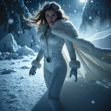 Heroic woman in futuristic white suit with fur trim walking through a snowy landscape. Cinematic fantasy scene, glowing winter setting, elegant female model, powerful and stylish vibe