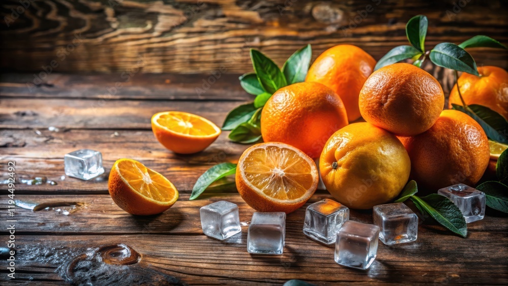 Poster A cluster of ripe oranges and lemon halves with ice cubes on a rustic wooden surface