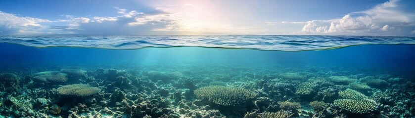 Vibrant coral reef ecosystem bathed in sunlight, a stunning underwater seascape sunlit