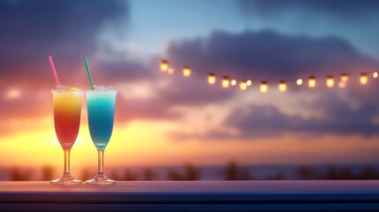 Obraz premium Two cocktails with ocean sunset view, a relaxing tropical beach vacation 