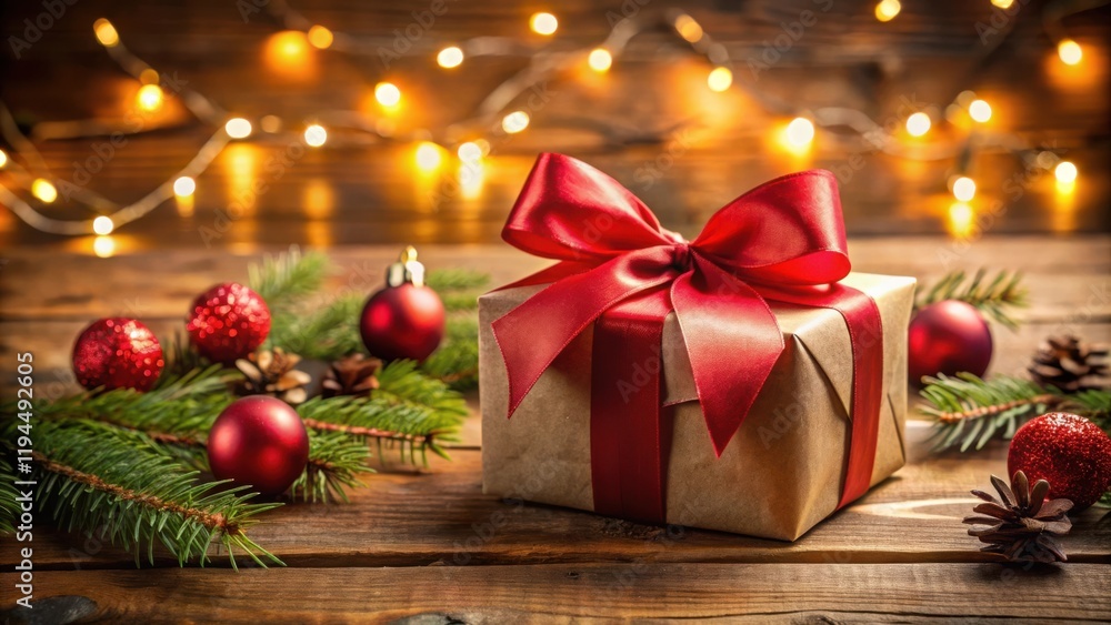 Poster a rustic christmas gift wrapped in brown paper and tied with a red bow, adorned with evergreen branc