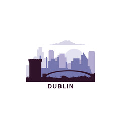 Naklejka premium Dublin logo with skyline, cityscape retro vector icon. Ireland city horizon, facade, travel logotype