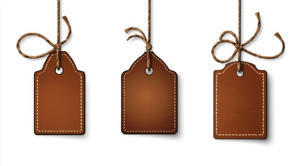 Realistic leather labels on strings isolated on white background. Vector illustration set of brown tags made of natural material. Badge for price or quality information about goods. Vintage fashion