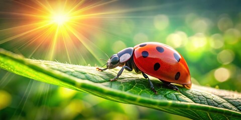 Fototapeta premium A ladybug basks in the sunlight, perched atop a vibrant green leaf, its red shell adorned with black spots, a symbol of nature's intricate beauty.