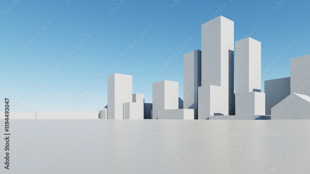 Poster 3d render of abstract modern architecture with empty cement floor, minimal exterior, car presentatio