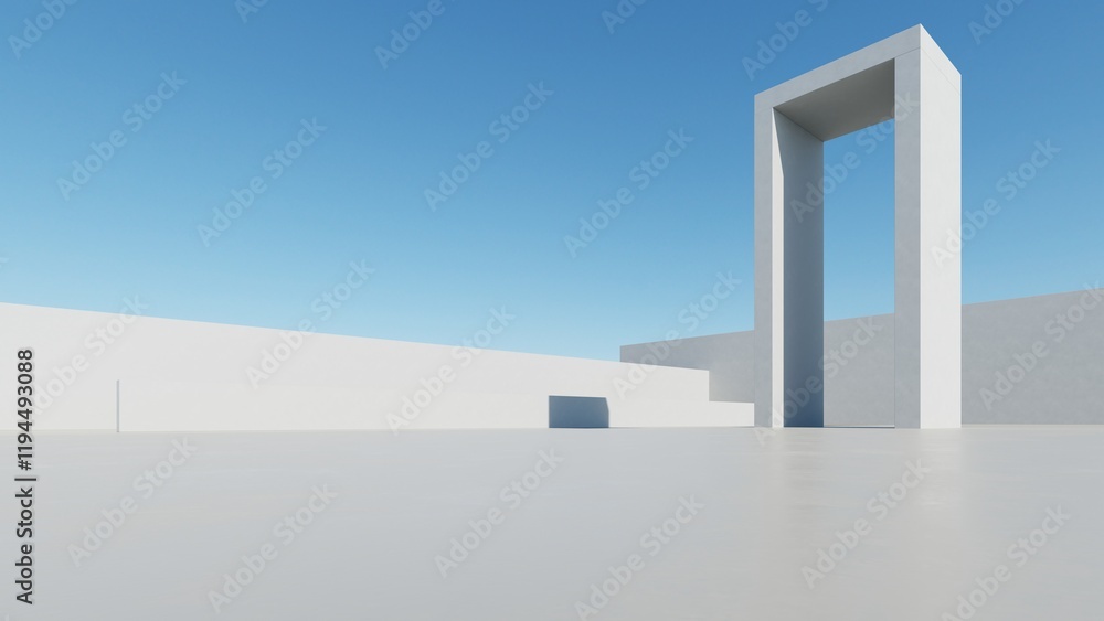 Poster 3d render of abstract modern architecture with empty cement floor, minimal exterior, car presentatio