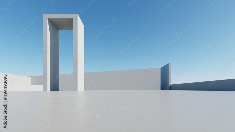 Poster 3d render of abstract modern architecture with empty cement floor, minimal exterior, car presentatio