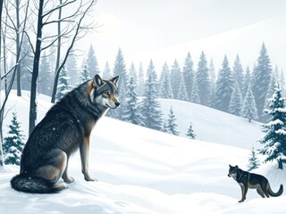 Obraz premium A high resolution digital pattern featuring a pack of majestic wolves in a snowy forest setting, perfect for creating a striking wallpaper design, stock photo, background, nature