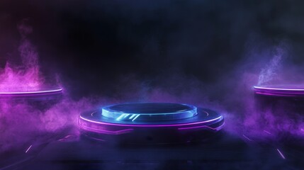 Cylinder flying podium with neon glowing abstract geometric shapes on wall and smoke clouds. Realistic 3d vector illustration of purple and blue luminous hi tech product platform on dark background.