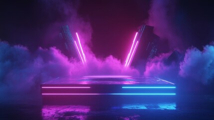 Cylinder flying podium with neon glowing abstract geometric shapes on wall and smoke clouds. Realistic 3d vector illustration of purple and blue luminous hi tech product platform on dark background.
