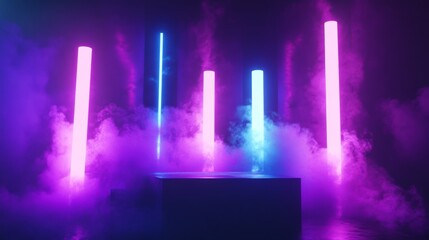 Cylinder flying podium with neon glowing abstract geometric shapes on wall and smoke clouds. Realistic 3d vector illustration of purple and blue luminous hi tech product platform on dark background.