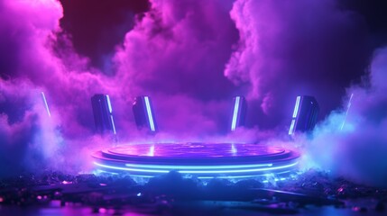 Cylinder flying podium with neon glowing abstract geometric shapes on wall and smoke clouds. Realistic 3d vector illustration of purple and blue luminous hi tech product platform on dark background.