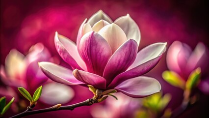 Fototapeta premium A vibrant pink magnolia blossom with delicate white petals, gracefully blooming against a blurred background of other flowers and green foliage.
