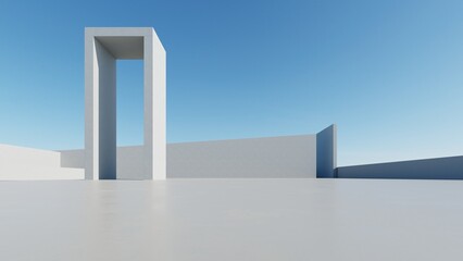 3d render of abstract modern architecture with empty cement floor, minimal exterior, car presentation background