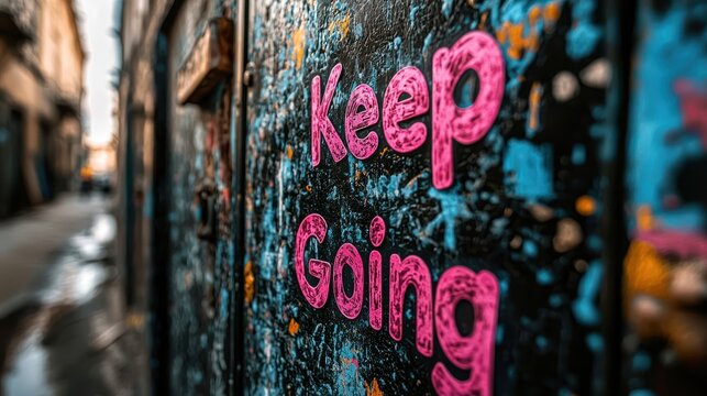Colorful alleyway mural featuring motivational text encouraging perseverance amidst urban decay - Powered by Adobe