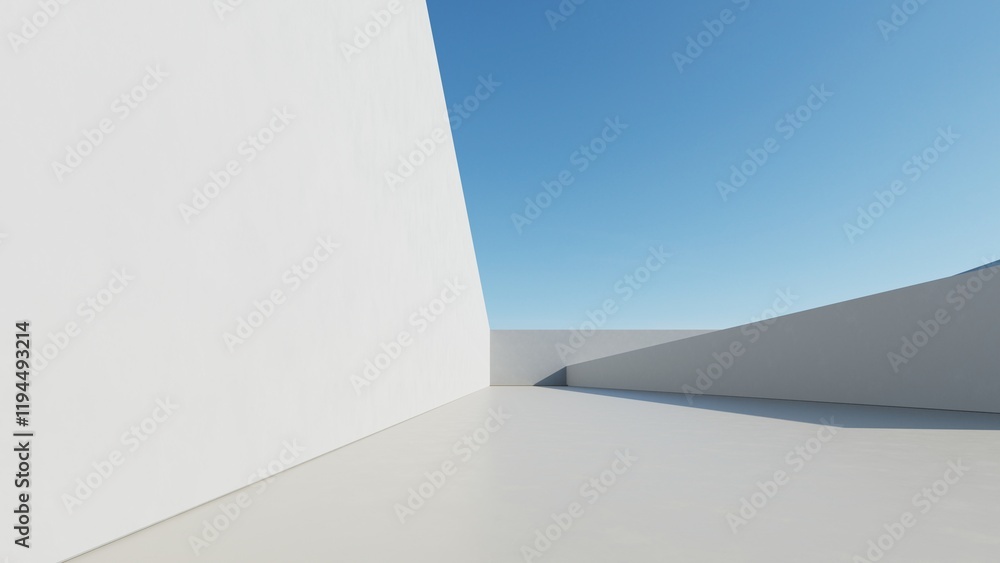 Poster 3d render of abstract modern architecture with empty cement floor, minimal exterior, car presentatio