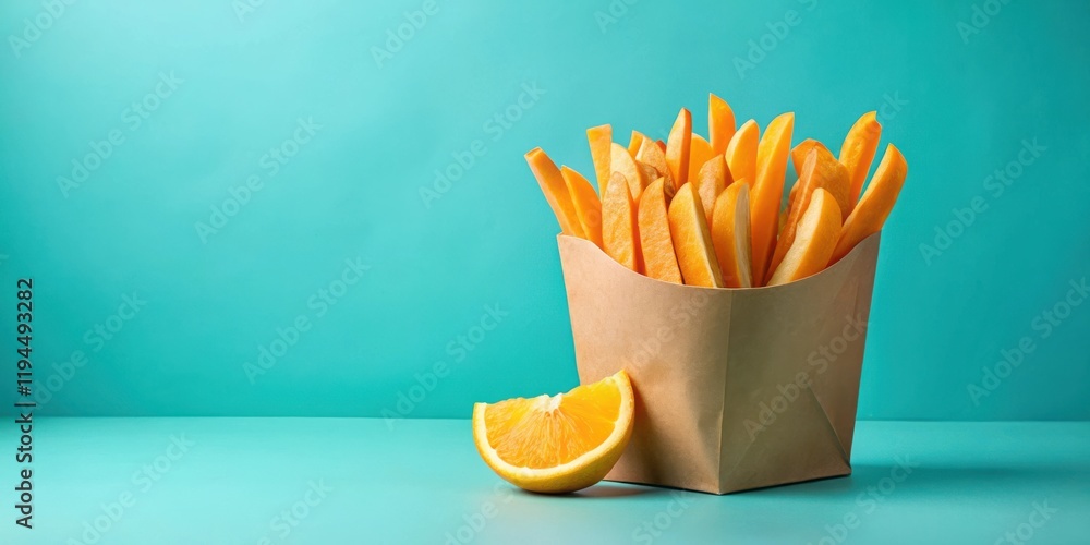 Poster a paper bag filled with orange slices rests on a turquoise surface next to a slice of orange