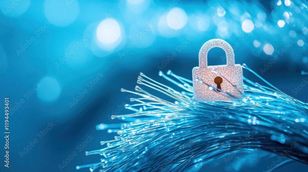Poster a padlock icon superimposed on a network cable, representing the importance of cybersecurity measure
