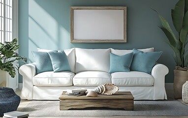 Coastal living room, serene sofa, sunlight, plants. Home decor inspiration