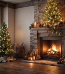 A large Christmas tree is placed in front of a roaring fireplace with decorative snowflakes and pinecones hanging from the mantel, seasonal decoration, festive decor