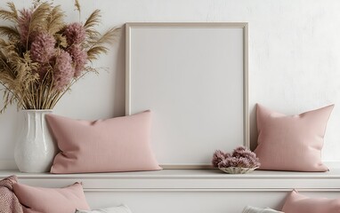 Pink pillows, frame mockup, vase, textured wall. Home decor, interior design