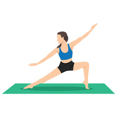 Fototapeta premium Woman doing Virabhadrasana on the rug yoga exercise. Flat vector illustration isolated on white background
