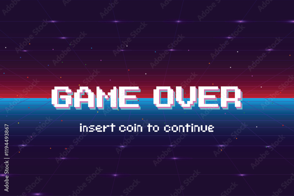 Poster game over. insert a coin to continue or exiting the game's main menu. modern trendy game background 