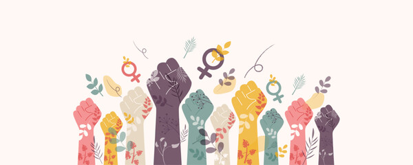 Beautiful women's hands with floral elements and gender symbol. International Women's Day concept.