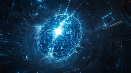 Fototapeta premium AI brain motif, centered on a circular platform in blue and black colors.