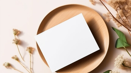 Elegant Blank Card Mockup with Dried Flowers and Wooden Plate