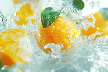 peach submerged and splashing in water. clear focus out of focus.