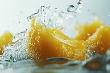 peach dipped in chunks and splashing in water.