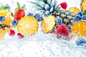 assorted fruit dipped whole and in pieces, splashing in water. .