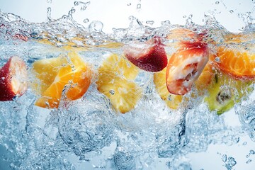 assorted fruit dipped in chunks and splashing in water.