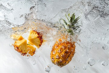 pineapple dipped whole and in pieces, splashing in water.