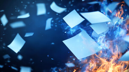Burning paper sheets with blue fire and black scorched edges fly in air. Blank white pages with magic flame falling down, vector realistic illustration isolated on transparent background