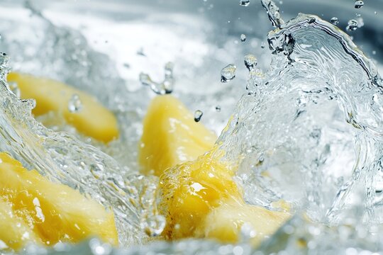 pineapple, cut into pieces and splashing in water.